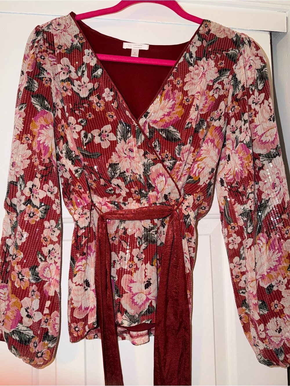 LC Lauren Conrad Burgundy Floral Long-Sleeve Wrap Dress